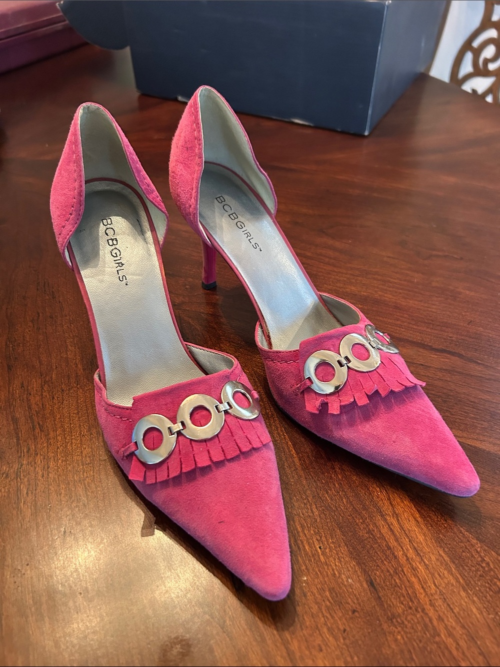 BCBGirls Pink Suede Pointed Toe Heels with Fringe and Silver Accents